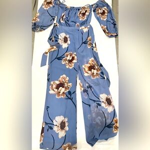 Floral Evening Elegant Feminine Medium Off the Shoulder Blue Jumpsuit